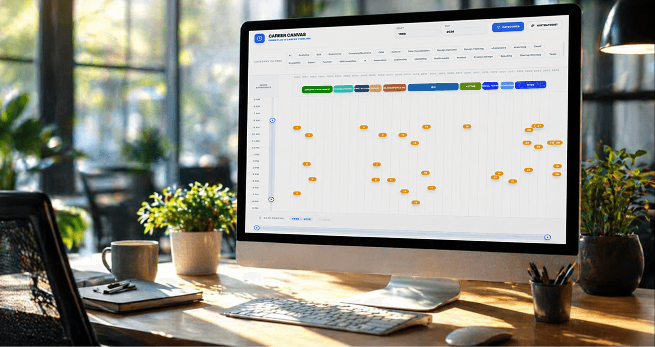 Career Timeline Pro on a desktop — an interactive timeline of roles, education, and achievements laid out across the years.