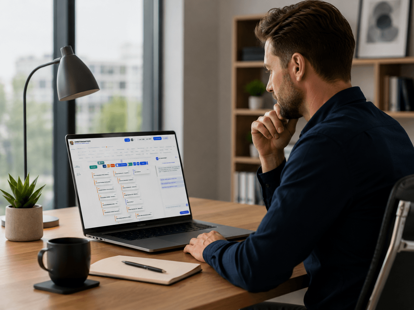 A hiring manager reviewing a candidate's timeline on Career Timeline Pro at his desk.
