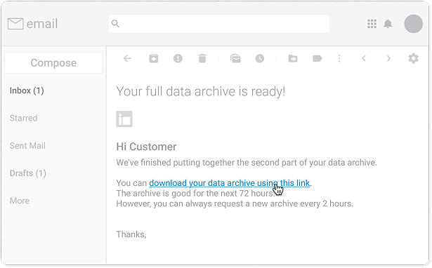 Email from LinkedIn saying the full data archive is ready to download.